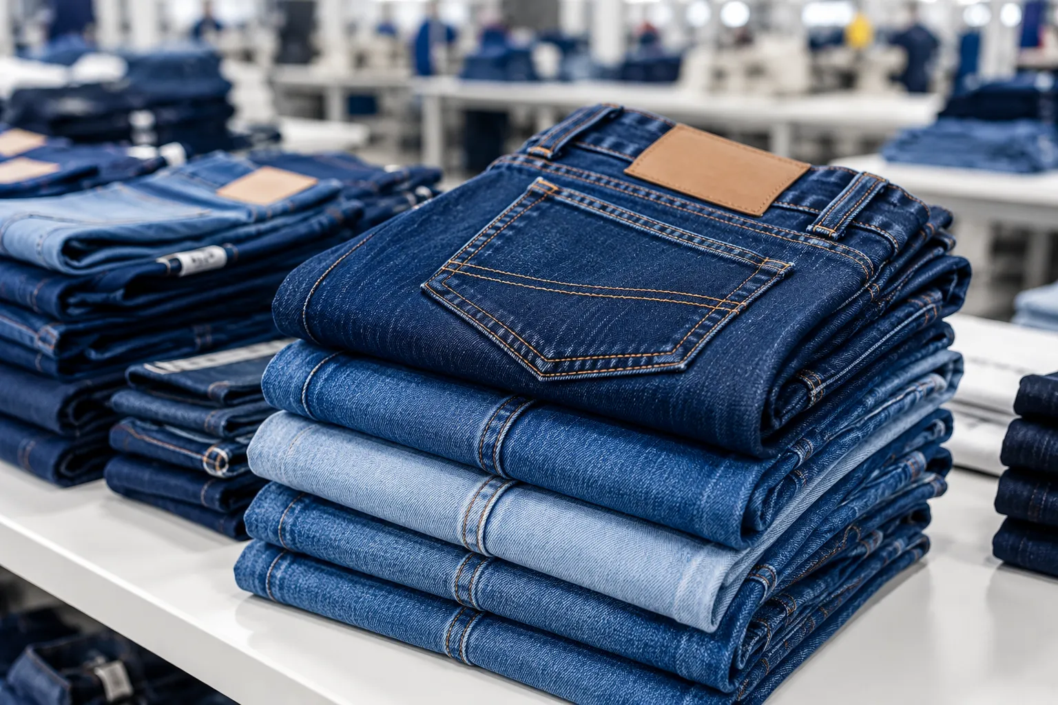 Stacked blue jeans and denim products