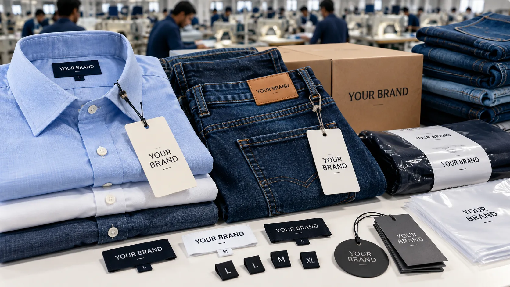 Private label clothing manufacturing with branded labels and packaging