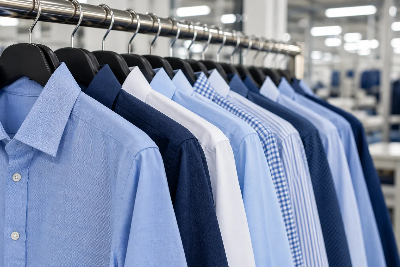 Shirts hanging in a garment manufacturing collection