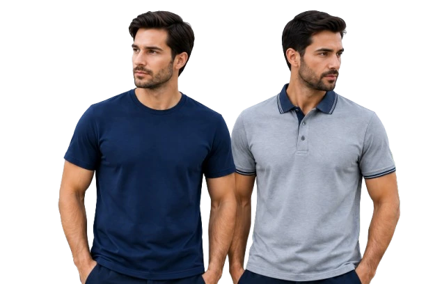 Men wearing T-shirts and polo shirts for apparel manufacturing