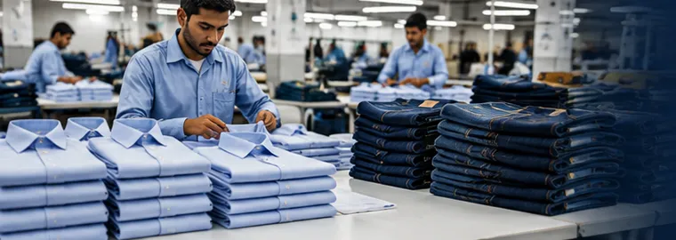 Shirts and jeans manufacturing in a professional garment factory