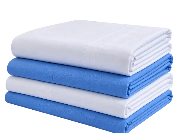 Folded white and blue hospital linen products