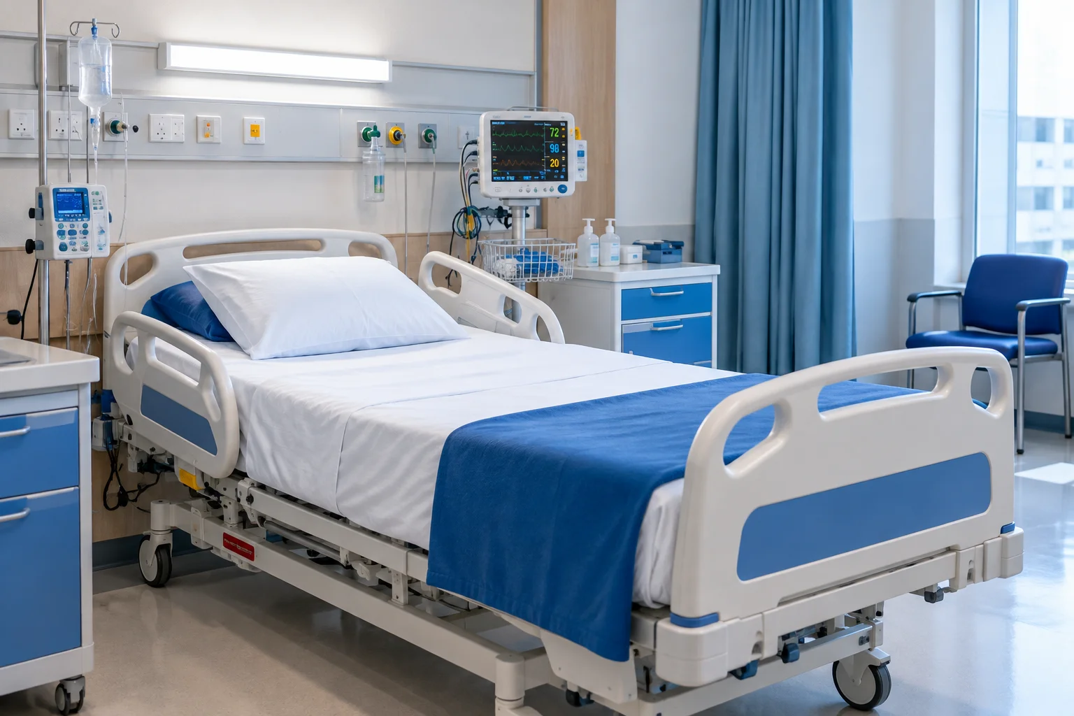 Hospital room with a neatly prepared patient bed