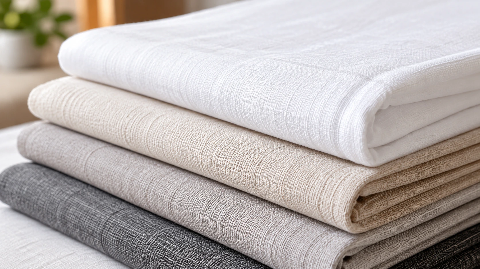 Neatly folded white and neutral hospitality linen fabrics