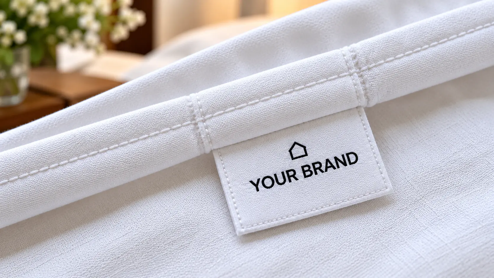 White hotel linen with a custom private-label brand tag