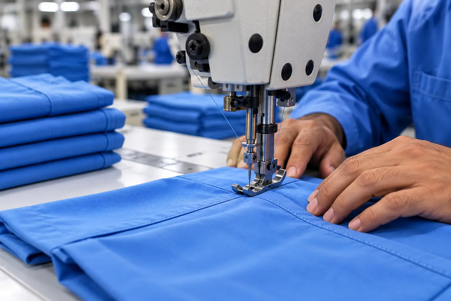 Medical textile fabric being stitched during garment manufacturing