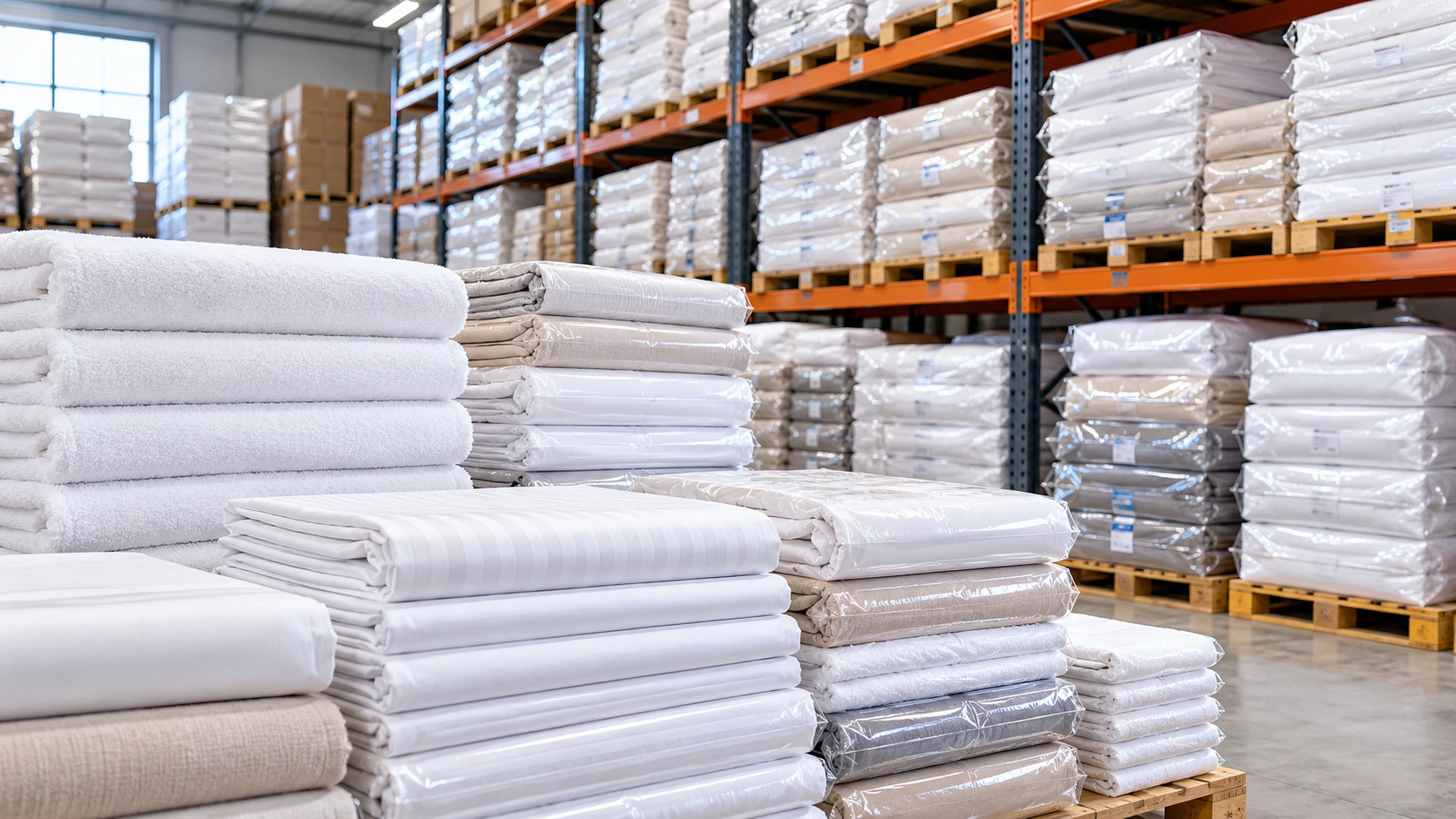 Stacks of folded white hotel linen for distribution