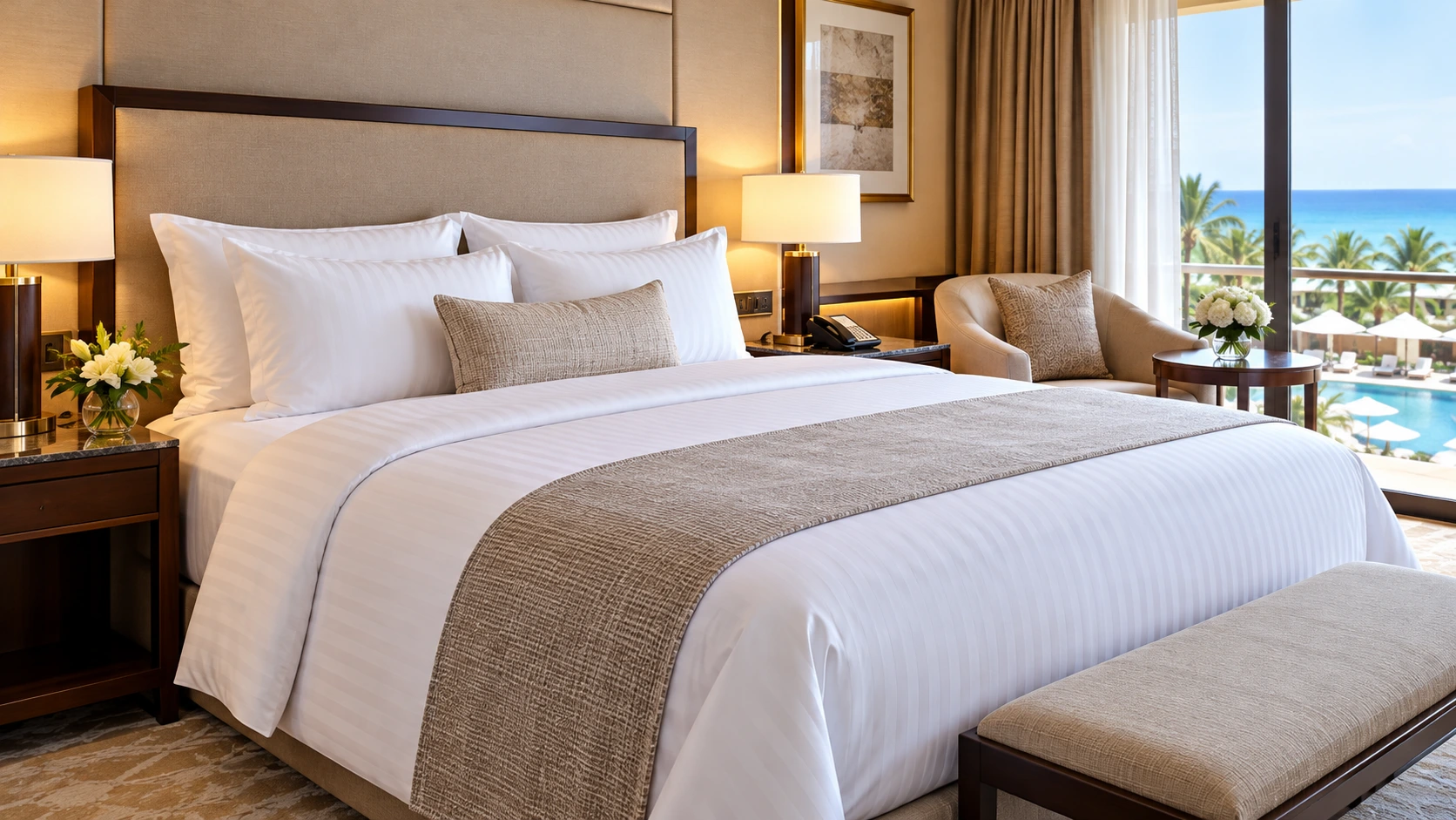 Luxury hotel bedroom prepared with white bed linen