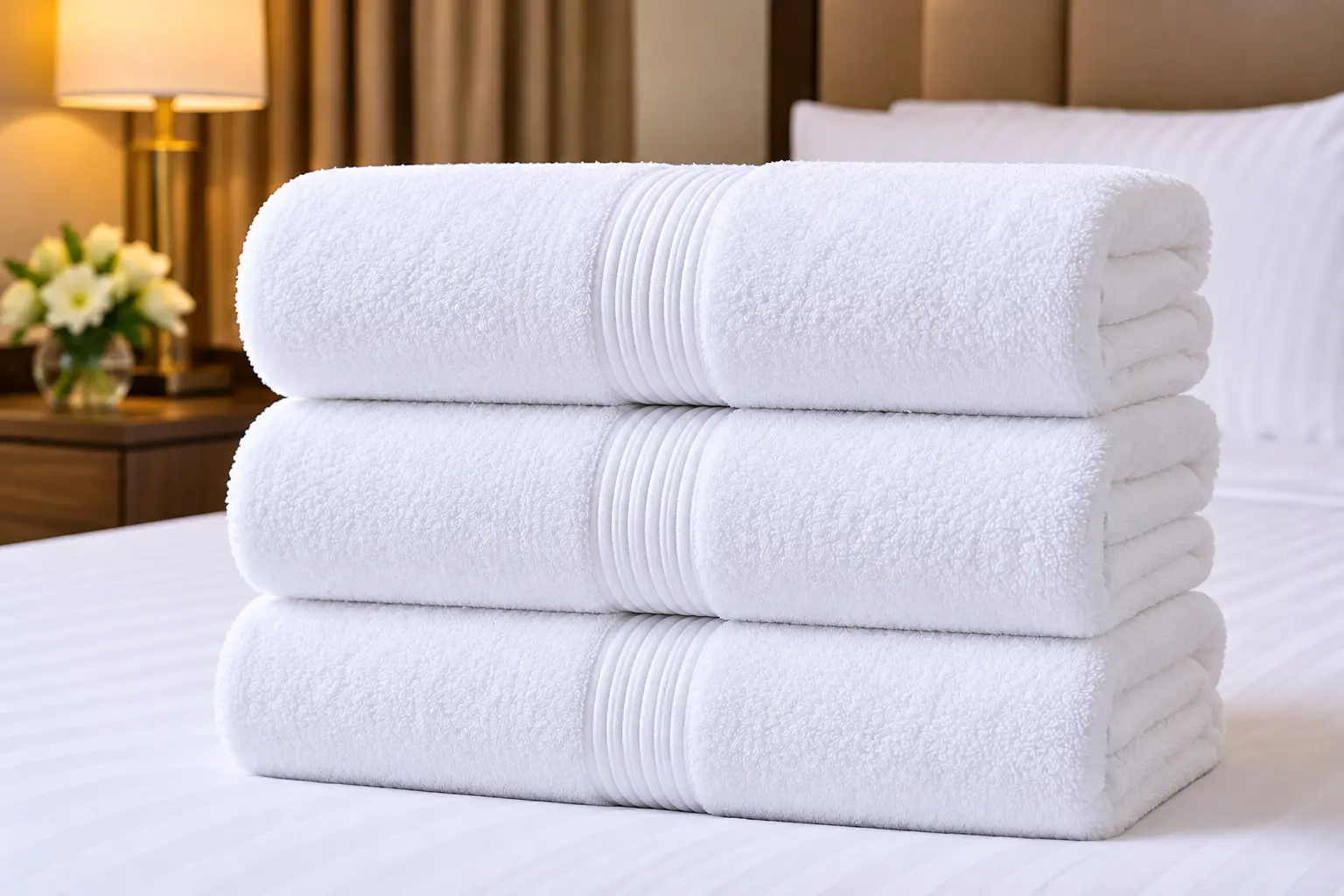 Clean white hotel towels folded in a stack