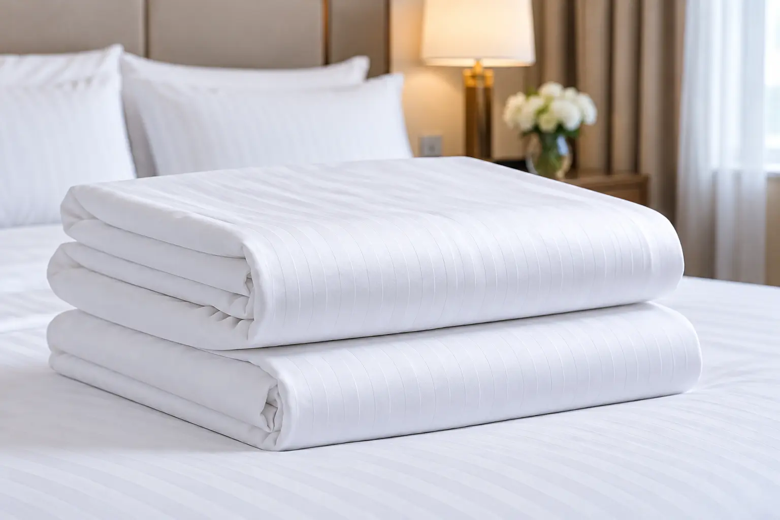 White hotel bed sheets neatly folded