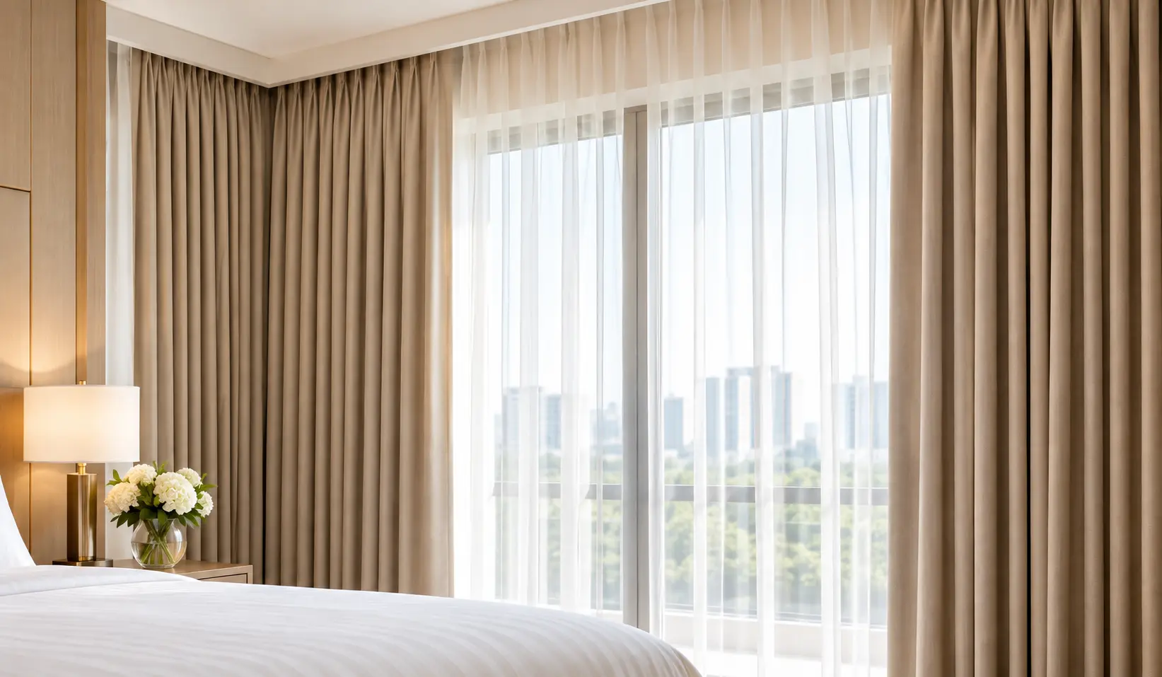 Elegant neutral hotel curtains beside a window