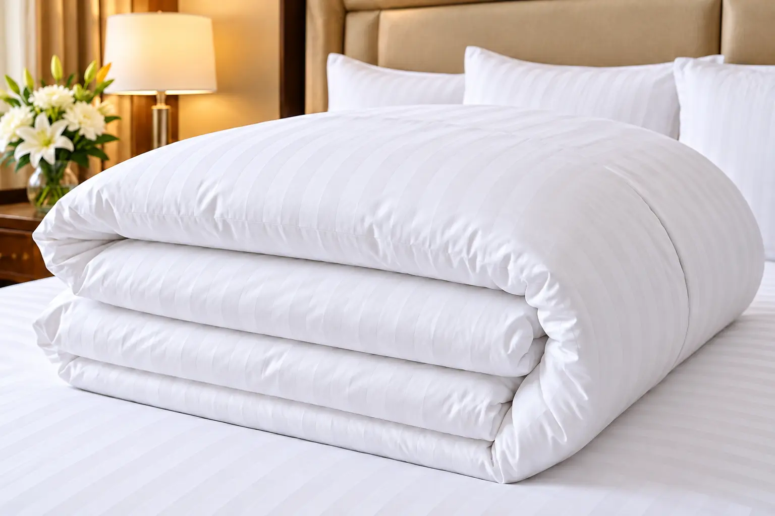 White duvet covers folded for hotel use