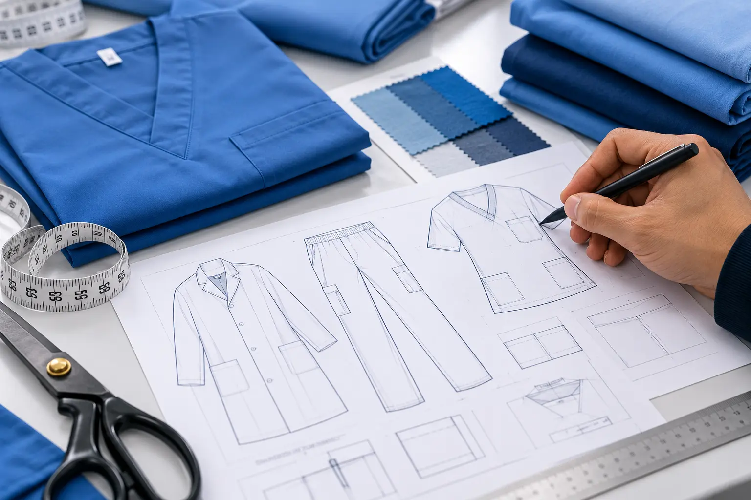 Medical garment design sketch and textile material selection
