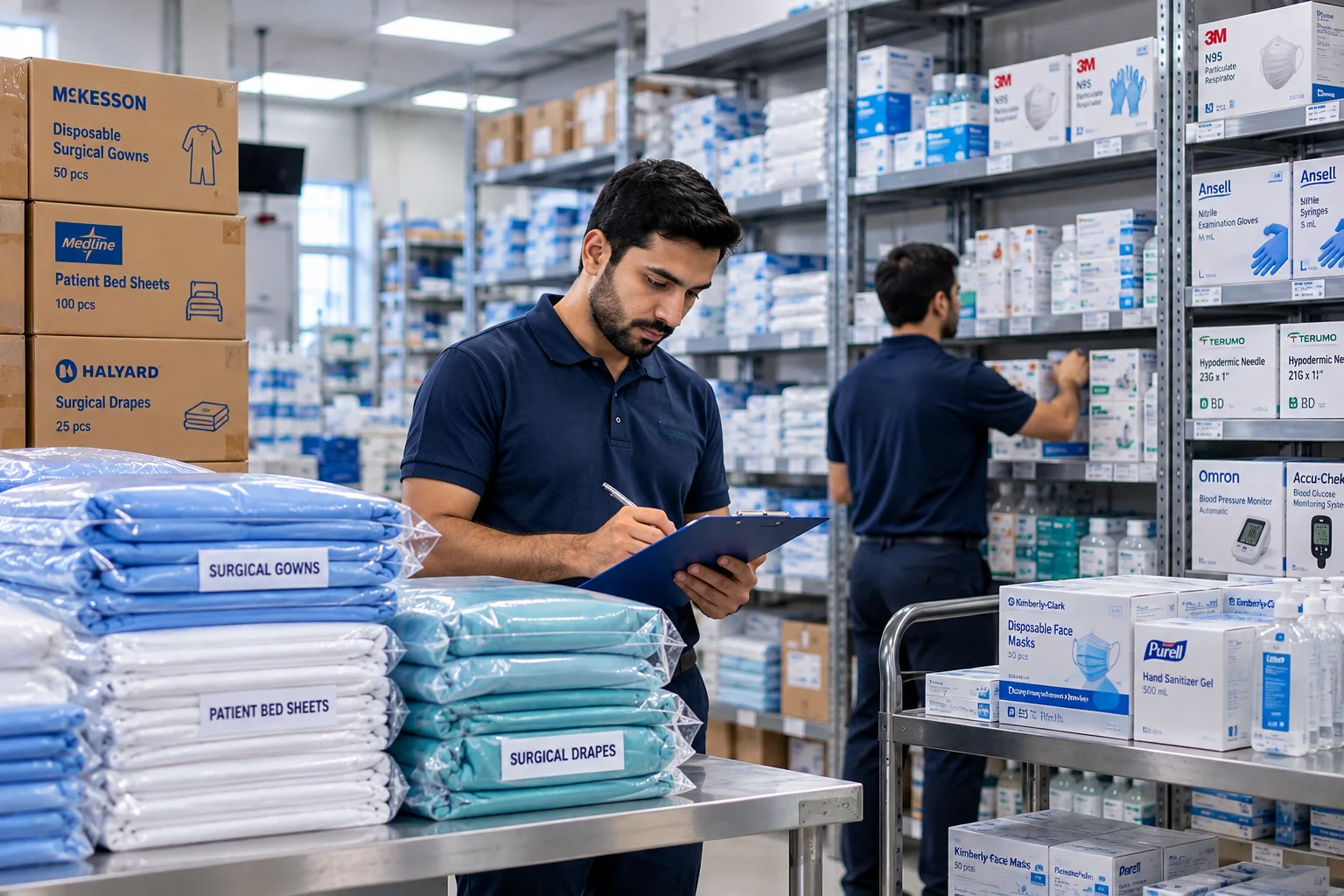 Neatly folded white and blue medical linen