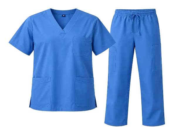 Blue medical scrub top and trousers