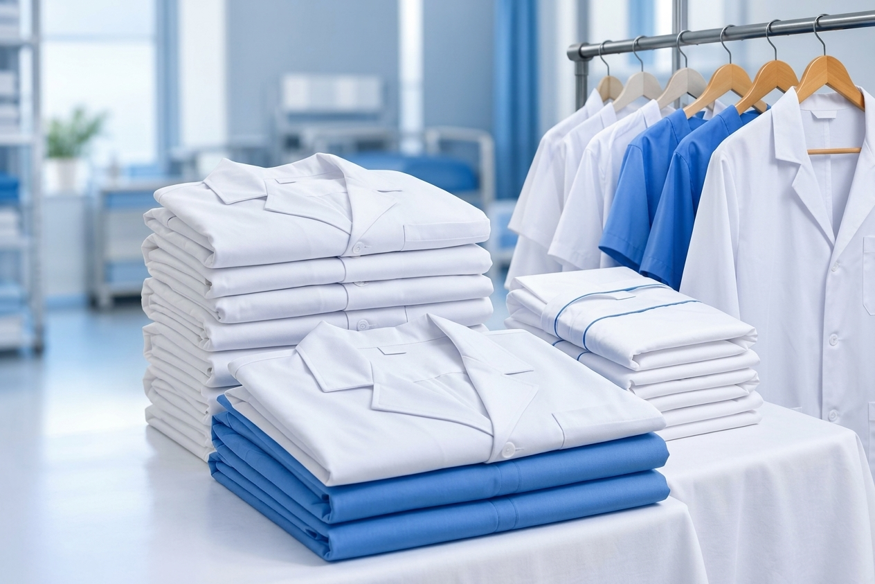 Hospital bed linen and medical uniforms