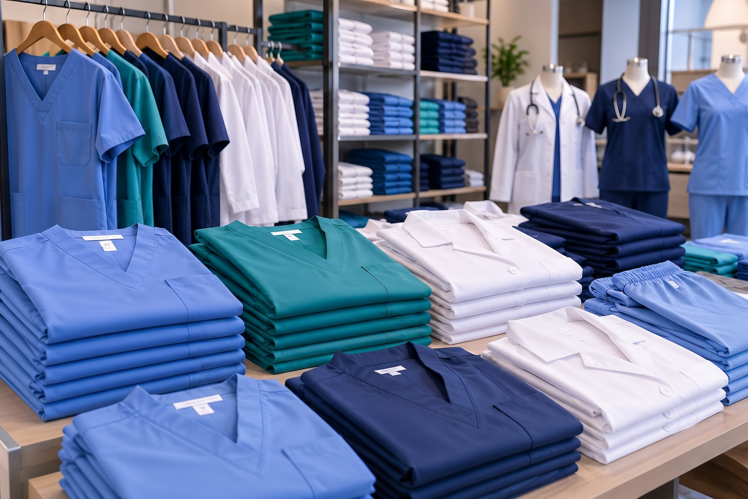 Folded blue medical uniforms