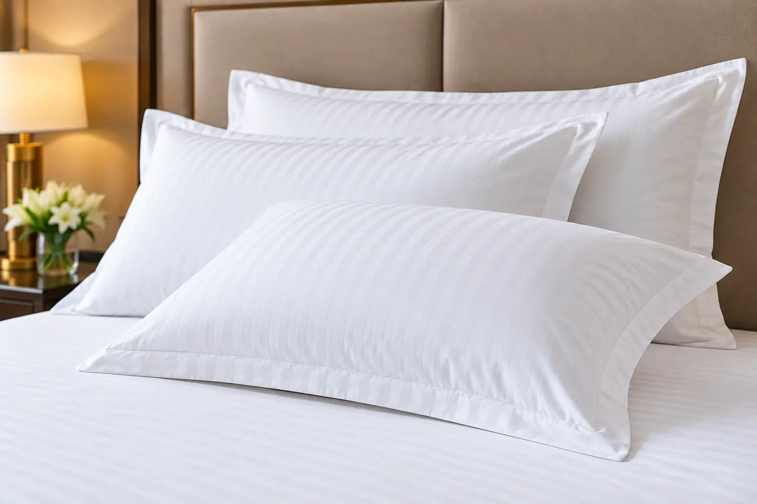 White hotel pillow covers on a neatly made bed
