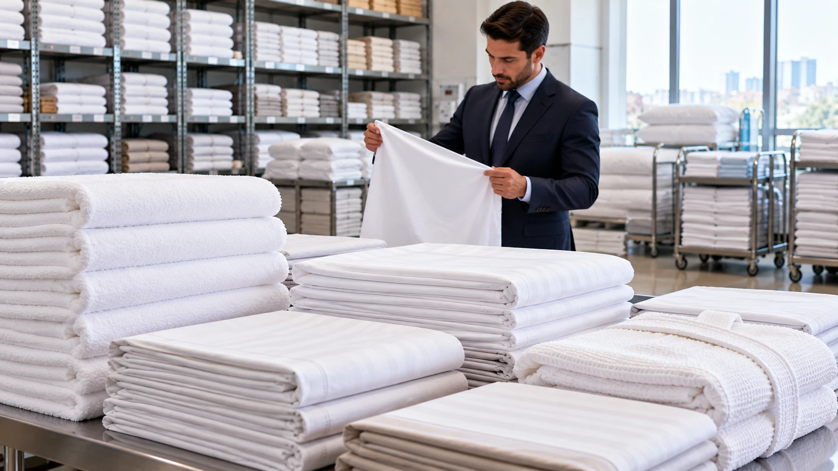 Folded hospitality linen prepared for institutional use