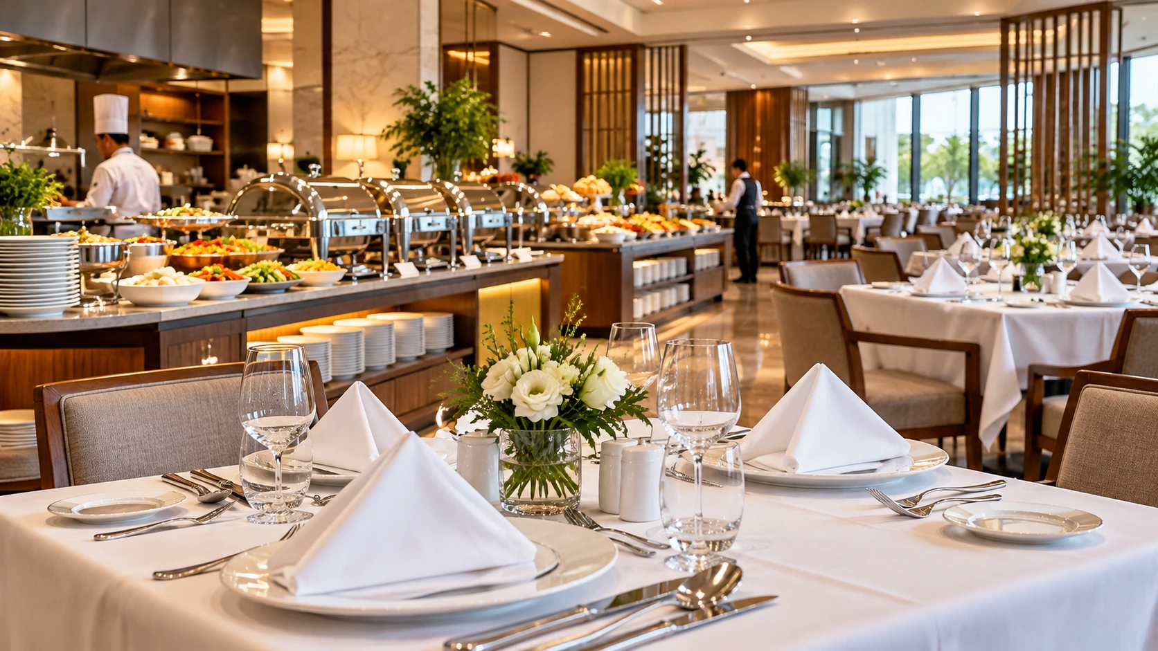 Elegant restaurant dining area prepared for guests