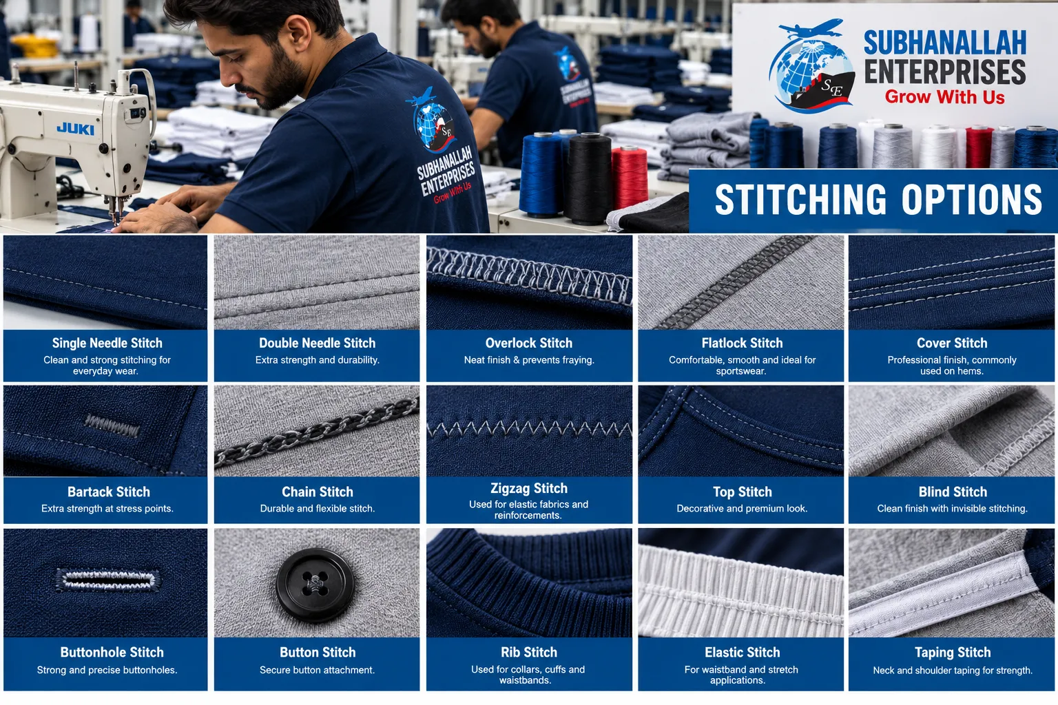 Stitching options for custom sportswear manufacturing