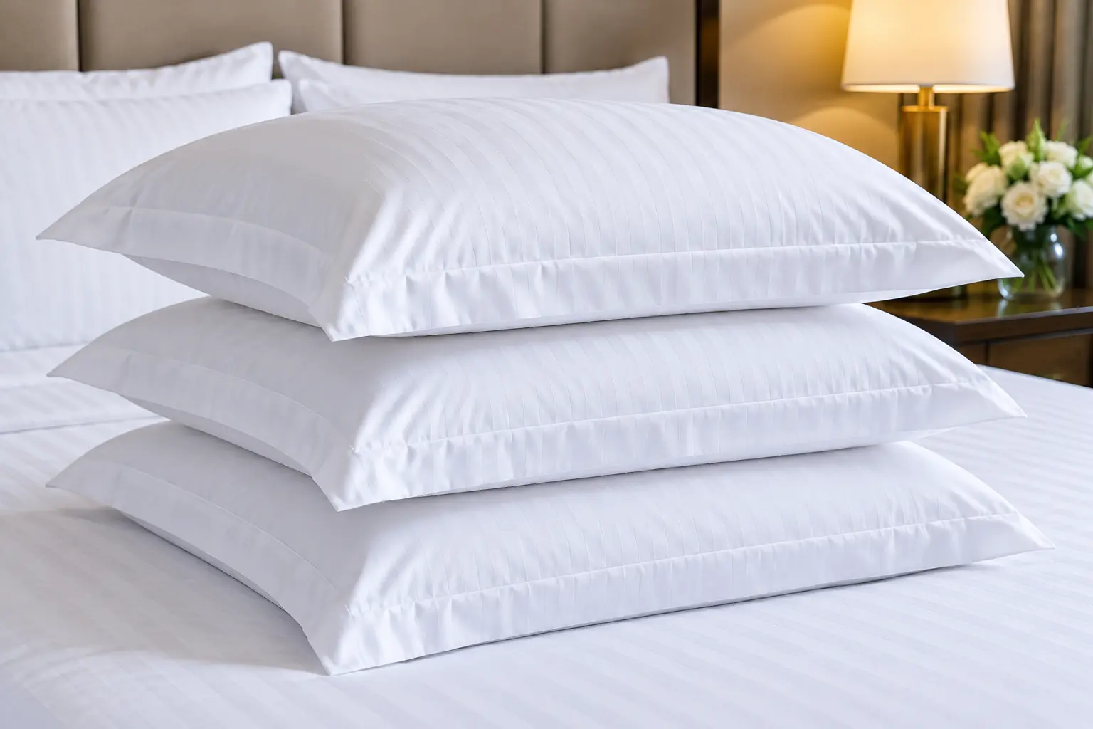 White hotel pillowcases arranged neatly