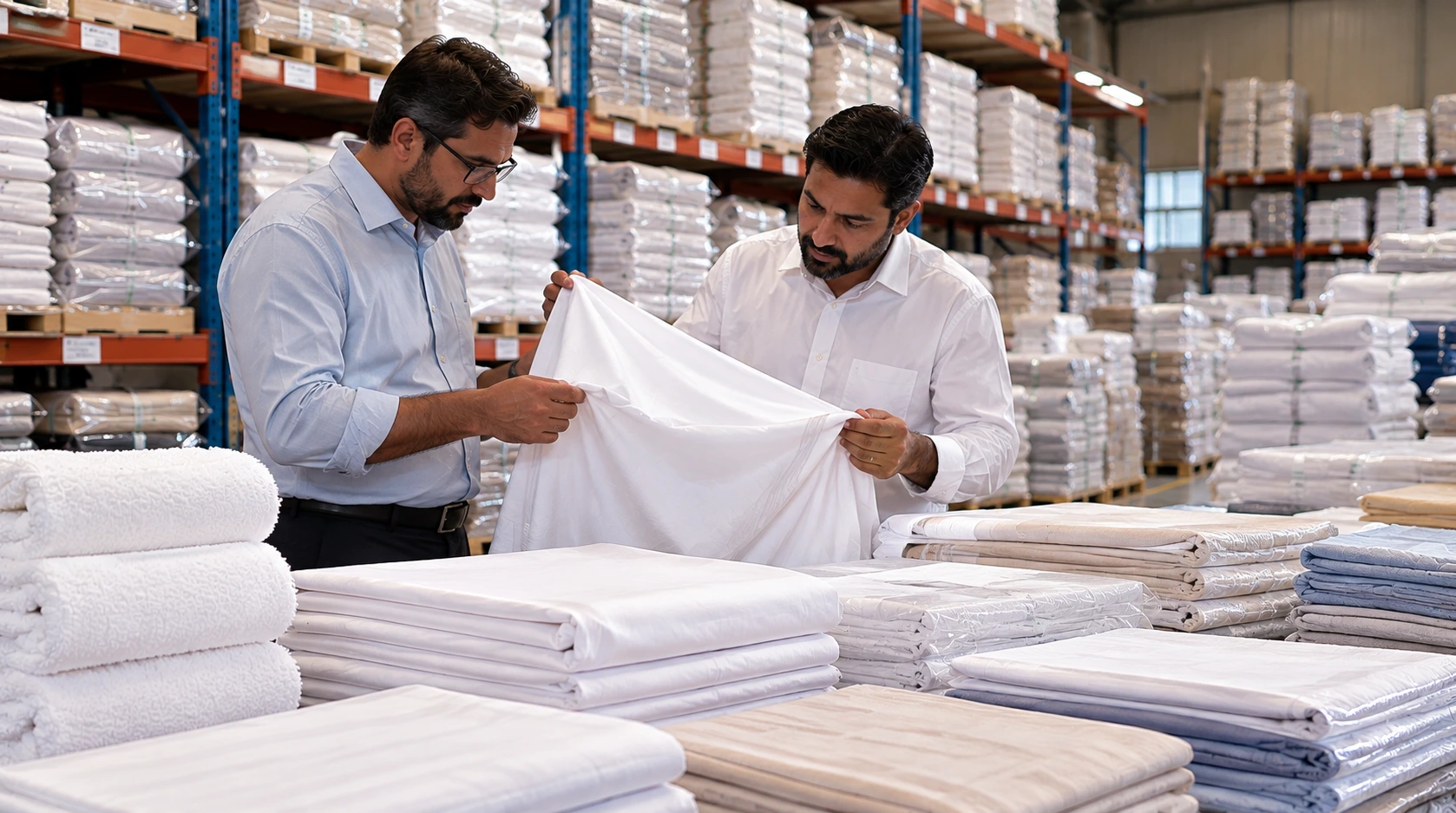 Hotel linen products displayed for wholesale buyers and importers